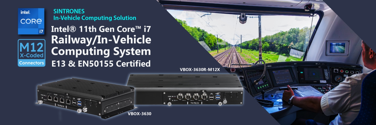 High-performance EN 50155 in-vehicle computer VBOX-3630R-M12X with Intel 11th Gen Core i7 for Train Communication Network infrastructure.