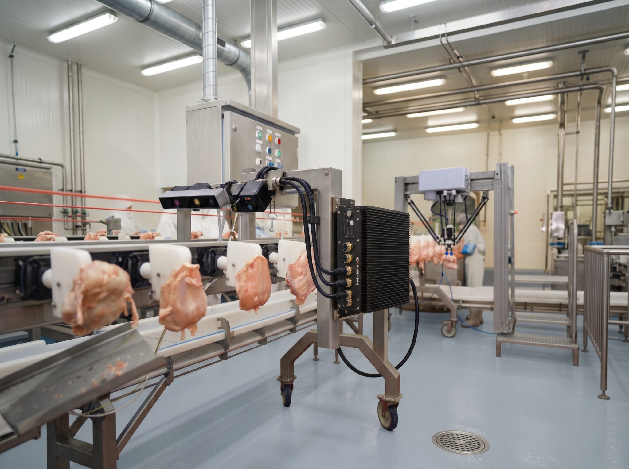 SINTRONES IP66 Edge AI Computer enabling real-time meat inspection with multi-camera vision and robotic sorting